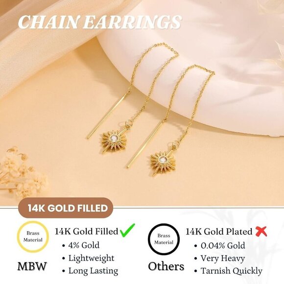 Gold Threader Earrings Women 14K Dangle Long Chain Drop Jewelry Gift - Picture 5 of 8